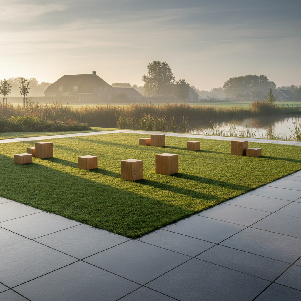 A refined Tai chi practice space captured outdoors in a quiet, manicured garden within the tranquil countryside of the Netherlands. The ground features even, dew-kissed grass bordered by smooth stone tiles, while a minimalist arrangement of polished wooden blocks signals the designated practice area. In the background, a distant line of tall, soft-edged reeds and a gentle pond enhance the setting. Early morning light streams through overhead, creating soft, natural highlights and elongated, relaxed shadows. Mood is peaceful and balanced, evoking relaxation and renewal. Shot from a low angle with structured composition and moderate depth of field, the image matches the site's calming, professional, photographic style.