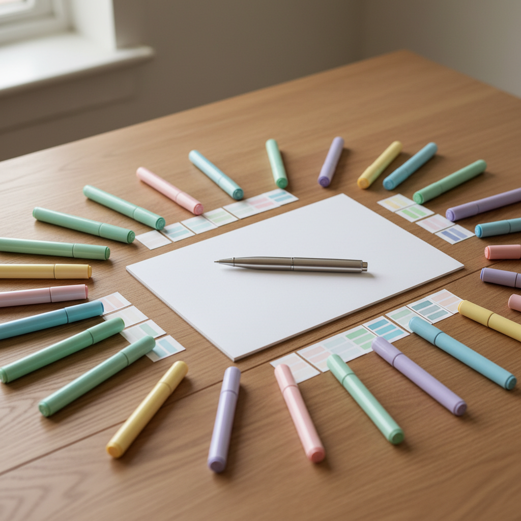 A neatly organized workspace featuring a pristine white notepad with a high-quality metallic pen resting on top, surrounded by an elegant array of smooth, pastel-colored art markers and delicate color swatches. The setting is a spacious oak desk with subtle wood grain visible, against a serene neutral background wall. Ambient daylight softly illuminates the scene, casting understated reflections off the metallic pen and bringing out the clean lines of the stationery. The mood is structured, inviting focus and creativity, ideal for conveying meticulous, professional coaching practices. Photographed from a slightly elevated angle, neatly framed with balanced composition, the image displays photographic realism and clean modern aesthetics.