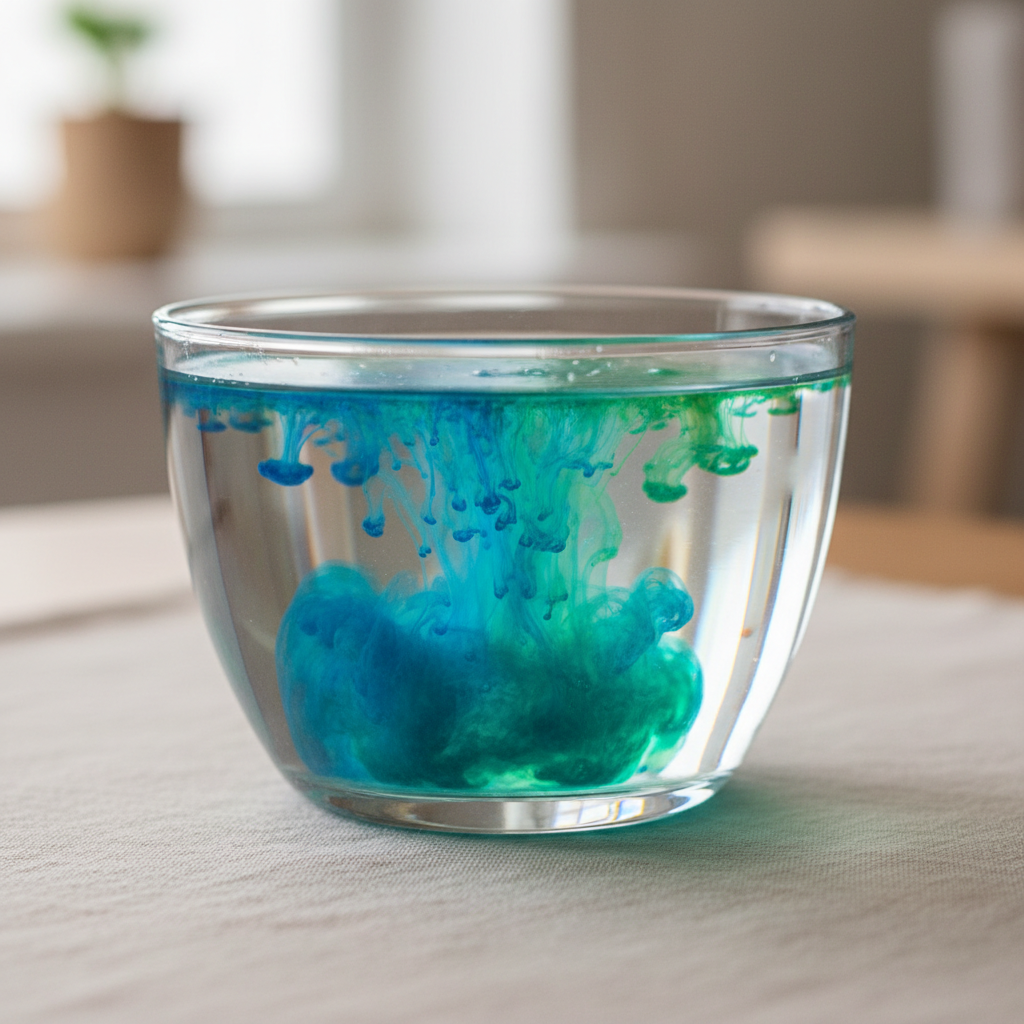 A close-up view of a glass bowl filled with clear water, gently swirling with a vibrant cloud of dissolving blue and green watercolor paint, illustrating color flow used in art therapy. The bowl rests on a smooth, neutral-toned linen cloth, with the background softly blurred to keep focus on the movement within the water. Cool natural light from the side casts luminous highlights through the glass and onto the colored ripples, which appear luminescent and calming. The mood is serene and contemplative, emphasizing harmony and creative exploration. Photographed at eye level, centered, with immaculate detail, echoing a clean and modern photographic style.