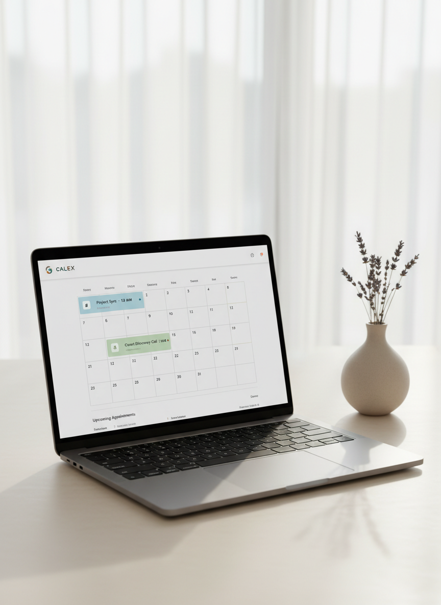 A sleek, minimal calendar application page displayed crisply on a matte silver laptop, positioned on an uncluttered sand-colored desktop. Subtle hints of artistic creativity emerge from a small, elegant ceramic vase with dried lavender in one corner. The ambient scene is illuminated by soft, natural window light, providing gentle contrast on the screen and subtle shadows around the device. The overall tone is polished, reassuring, and practical, embodying corporate professionalism while subtly referencing the website’s booking and organization features. Captured from a slightly elevated, off-center angle, with structured, balanced composition and photographic realism.